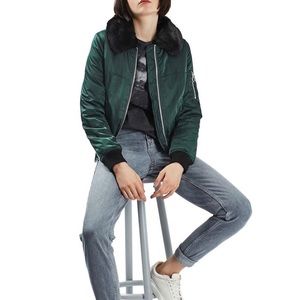 kane emerald green & black faux fur bomber jacket